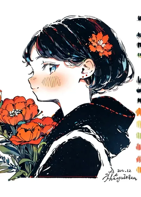 shouhui, 1girl, artist name, bangs, blush, border, bouquet, closed mouth, dated, dot nose, eyebrows visible through hair, eyelashes, flower, holding, lily \(flower\), looking at viewer, short hair, simple background, smile, solo, traditional media, upper body, white background, white flower, signature, hood, from side, english text, hoodie, profile, leaf, hood down, red flower, portrait, limited palette, orange flower<lora:shouhui:1>