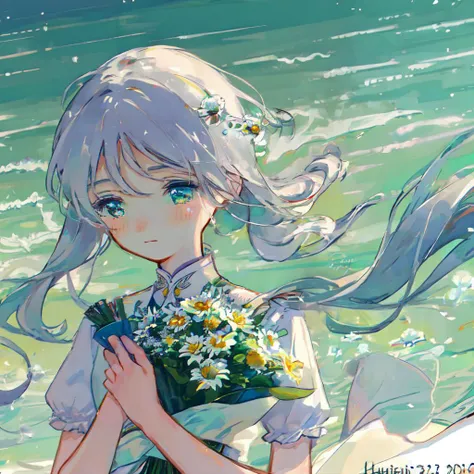 shouhui, my fair lady, bouquet, closed mouth, daisy, dated, flower, white roses, flowing down,chest focus,aqua eyes
<lora:shouhuiline:1>