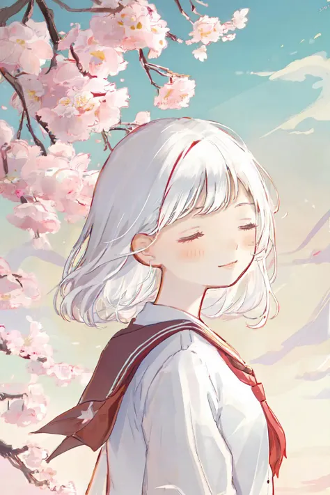 shouhui, 1girl, standing under cherry blossom , closed eyes, smile, dated, flower, white roses, flowing down,half body,white hair,school uniform,from side
<lora:shouhuiline:1>
