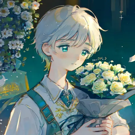 shouhui, a boy, bouquet, closed mouth, daisy, dated, flower, white roses, flowing down,chest focus,aqua eyes
<lora:shouhuiline:1>