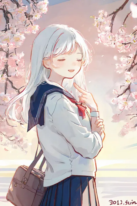 shouhui, 1girl, standing under cherry blossom , closed eyes, smile, dated, flower, white roses, flowing down,half body,white hair,school uniform,from side
<lora:shouhuiline:1>