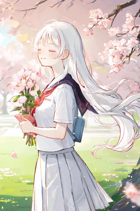 shouhui, 1girl, standing under cherry blossom , closed eyes, smile, dated, flower, white roses, flowing down,half body,white hair,school uniform,from side
<lora:shouhuiline:1>