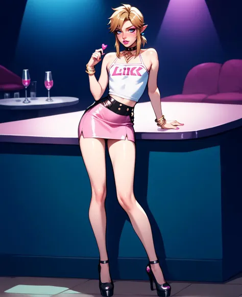 score_9, score_8_up, score_7_up, score_6_up, source_cartoon, female fashion, mini skirt, pink small top, link \(zelda)\, femboy, pink lipstick, makeup, high heels, nightclub, pink nails <lora:detailed_hands:0.8>