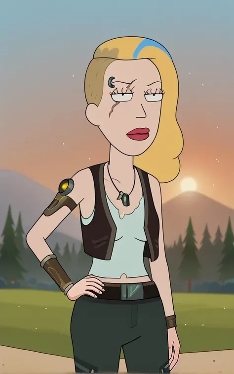 score_9, score_8_up, score_7_up, score_6_up, BREAK
TankTop_SpaceBethSmith_ownwaifu, toon \(style\),
1girl, blonde hair, black eyes, constricted pupils, multicolored hair, makeup, blue hair, streaked hair, long hair, lipstick, scar on face, piercing, scar across eye, red lips,
jewelry, necklace, vest, tank top, belt, pants, midriff, green pants, sleeveless,
(contrapposto, hand on hip), sunset, sidelighting, <lora:PONYXL_MOM_SpaceBethSmith_ownwaifu:1>,
depth of field, light particles,