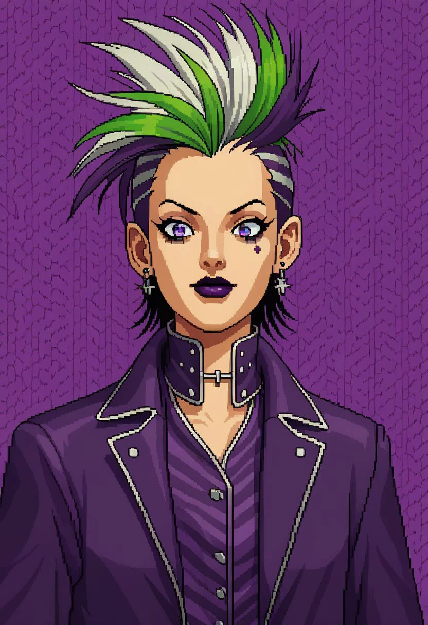 rpxdlzz,vector illustration of a woman with green and purple multicolored hair and colorful hair, solo, solo focus, 1girl, beetlejuice poltergeist vibes, demonic but sexy, person, a cartoon character from the bad aft, in the style of striped arrangements, light silver and dark emerald, salon kei, darkly comedic, mcdonaldpunk, anime aesthetic, light yellow and dark purple, an animated character dressed up in a fancy suit, in the style of striped, slimepunk, tim burton, toonami, matt groening, dark green and white, imaginative prison scenes , pixelization, pixel art, 16bit, retro, pixelized, video game, game art, PIXELS