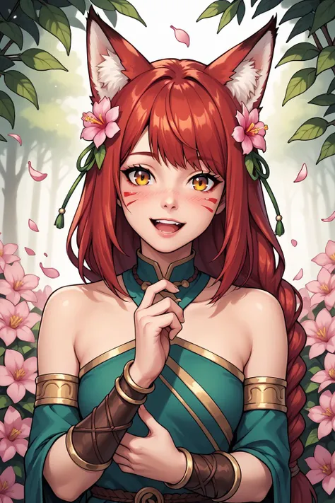 PonyXLV6_Scores , BREAK 1girl, solo, long hair, looking at viewer, blush, smile, open mouth, bangs, hair ornament, animal ears, bare shoulders, jewelry, green eyes, tail, yellow eyes, upper body, braid, flower, :d, red hair, outdoors, teeth, hair flower, bracelet, orange eyes, petals, fox ears, leaf, upper teeth only, facial mark, plant, pink flower, armlet, multicolored eyes, bracer, whisker markings,