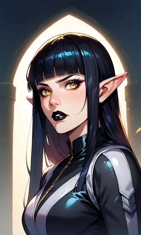 score_9, score_8_up, score_7_up, score_6_up, source_cartoon, 1girl, long black hair, hime cut, blunt bangs, black lipstick, golden eyes, elf ears, beautiful, frowning, biker outfit, detailed, chiaroscuro
