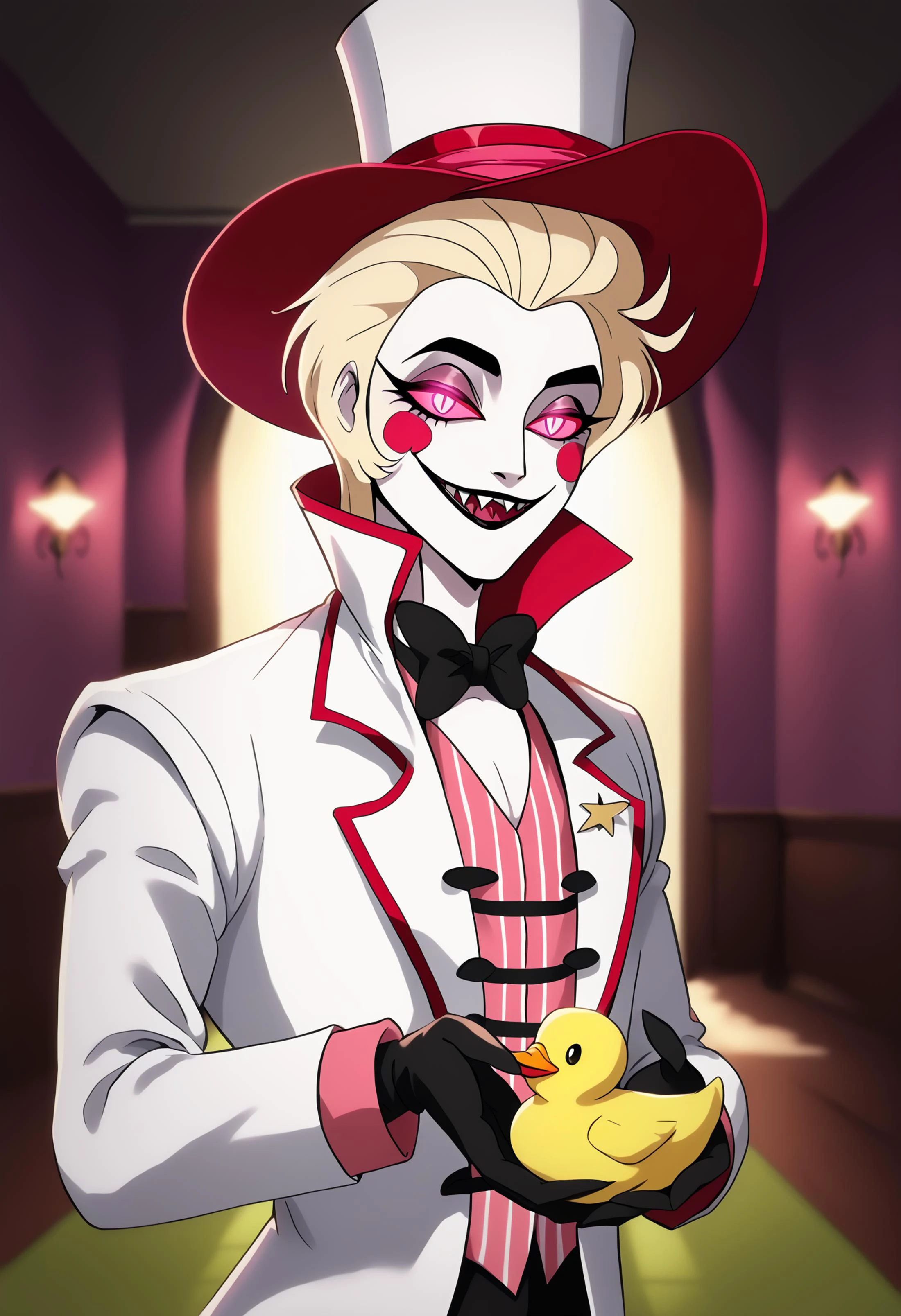 lucifer morningstar \(hazbin hotel\), 1boy, male focus, solo, pink sclera, pink eyes, sharp teeth, white top hat, white suit, formal, evil smile, black bow, pink vest, striped vest, standing, holding a rubber duck, half body portrait, looking at viewer, depth of field, sidelighting, soft lighting, indoors, hotel, corridor, BREAK yellow rubber ducks on the floor, BREAK purple wallpaper, green carpet, BREAK PonyXLV6_Scores , <lora:lilith_hazbin_hotel_ponyxl_v2:1>