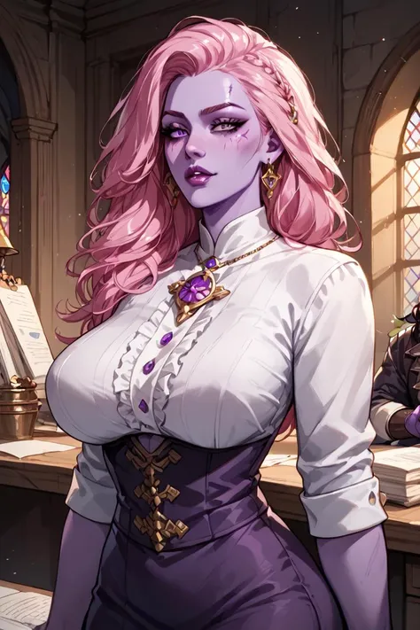 zPDXLrl, score_9, score_8_up, score_7_up, rating_questionable, 35 year old dark pink haired woman in a Medieval office, purple skin, naiad, dynamic touching hair, huge tits, clothed, flirty facial expression