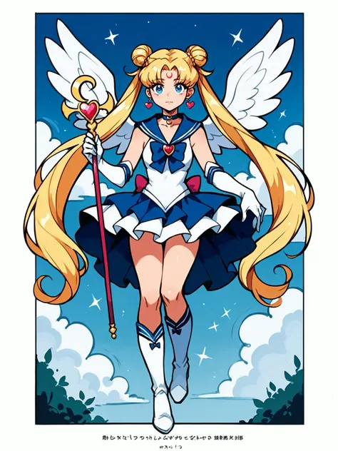 1girl, blonde hair, blue eyes, blue sailor collar, boots, brooch, choker, closed mouth, crescent, crescent earrings, crescent facial mark, double bun, earrings, elbow gloves, facial mark, forehead mark, gloves, hair bun, hair ornament, heart brooch, heart choker, holding, holding staff, holding wand, jewelry, knee boots, layered skirt, long hair, looking at viewer, magical girl, miniskirt, multicolored clothes, multicolored skirt, parted bangs, sailor collar, sailor senshi uniform, skirt, solo, staff, twintails, very long hair, white footwear, white gloves, white wings, wings, masterpiece, official art, detailed eyes, detailed face, detailed hair, specular highlights, BREAK PonyXLV6_Scores PnyCmicXLPOS