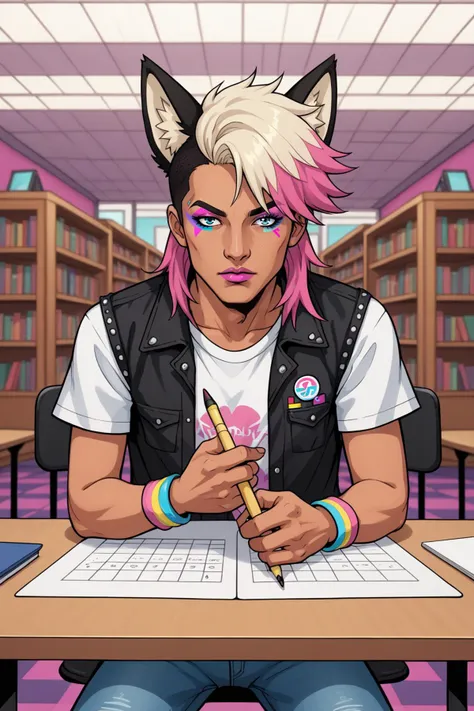 PonyXLV6_Scores, BREAK 1boy, solo, transgender male, fox ears, animal ears, tan, tan skin, ganguro, two tone hair, long hair, wearing a black and pink anime tshirt, denim jeans, makeup, wristband, lipstick, jewelry, depth of field, vaporwave, citypunk, indoors, library, source_cartoon, BREAK Carved Lacquer, Newsprint, Graphite, Colored Pencil, Dry-Erase Marker, Whiteboard, Gel Pen, bustling, gradient eyes, Halfrear Lighting, Electric Arc, 16-bit, High Contrast, Technicolor, Pantone, Atari Graphics, enigmatic, Electric Colors, Tetradic-Colors, Polychromatic-Colors, Klein bottle, Archimedean Solids, Convex, Ideal polyhedron, groundbreaking, superb, in a symbolic and meaningful style, insanely detailed and intricate, very coherent symmetrical artwork