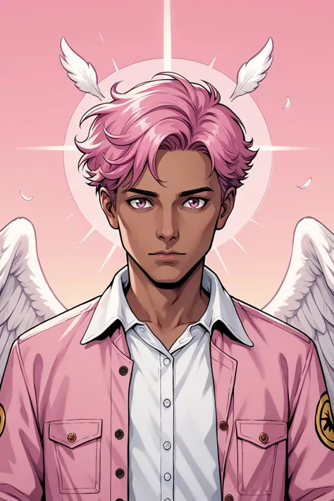PonyXLV6_Scores , BREAK solo, looking at viewer, short hair, shirt, 1boy, closed mouth, jacket, white shirt, upper body, pink hair, male focus, open clothes, wings, collared shirt, dark skin, pink eyes, open jacket, pink background, dark-skinned male, feathers, feathered wings, angel wings, white wings, pink jacket,, maximalism, retro art style, fantasy art, outdoors, sunset, dusk, galaxy, side lighting, neon lighting, rembrandt lighting