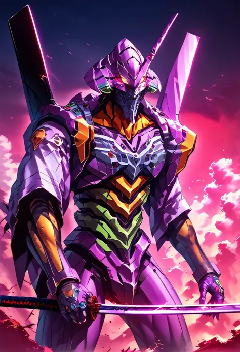 score_9, score_8_up, score_7_up, score_6_up, score_5_up, score_4_up, 1men, mecha, neotech eva 01, neon_genesis_evangelion, large breasts, fighting stance, scifi,(((katana in hand)))