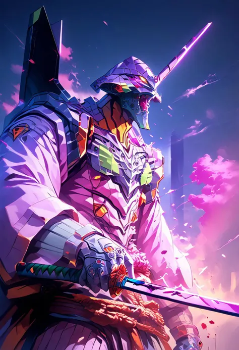 score_9, score_8_up, score_7_up, score_6_up, score_5_up, score_4_up, 1men, mecha, neotech eva 01, neon_genesis_evangelion, large breasts, fighting stance, scifi,(((katana in hand)))