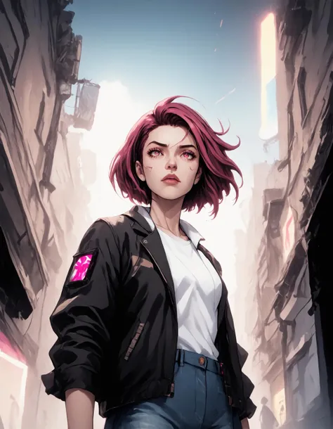 Animated nightmare Style, score_9, score_8_up, score_7_up, score_6_up, score_5_up, score_4_up, very aesthetic, absurdres
 by sadamoto yoshiyuki, 1girl, aged up walking in the alley 
short hair 
black suit white collar shirt 
wind 
perspective from below 
cyberpunk, neon, <lora:8c3a3bbe-7573-485c-8930-94e793cae297:0.7>, 0e5a28b8-7273-4a65-8be6-c7abfdc3f6ab