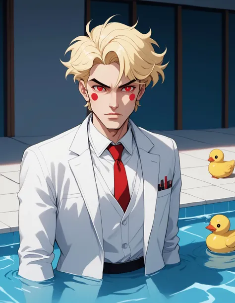 score_9, score_8_up, score_7_up, score_6_up, score_5_up, score_4_up, 666 yellow rubber ducks in a pool, 1boy, male focus, white suit, white shirt, red tie, white top hat with red ribbon, blonde hair, red eyes, flat color, celshading, hazbin hotel, vivziepop