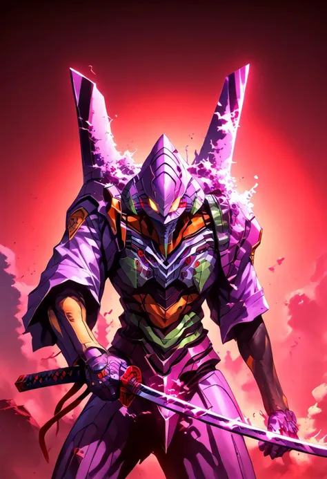 score_9, score_8_up, score_7_up, score_6_up, score_5_up, score_4_up, 1men, mecha, neotech eva 01, neon_genesis_evangelion, large breasts,  fighting stance, scifi,(((katana in hand)))