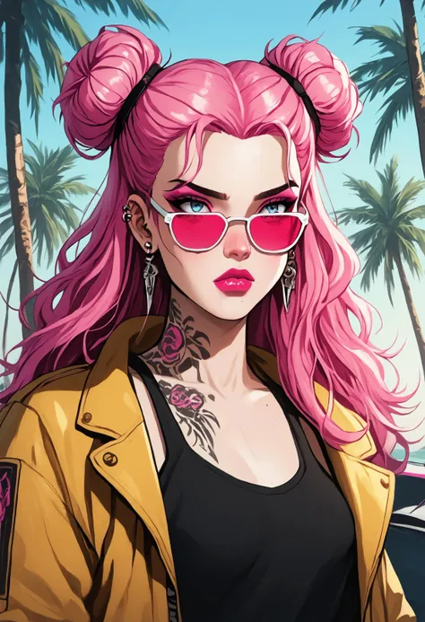 score_9, score_8_up, score_7_up, score_6_up,1girl, tattoo, solo, piercing, long hair, sunglasses, hair bun, pink hair, double bun, ear piercing, tank top, jacket, palm tree, jewelry, earrings, makeup, lipstick, blush,