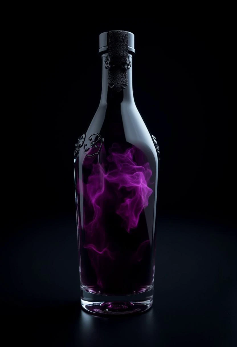 A highly stylized poison potion, featuring a dark glass bottle with a sinister appearance, containing a dangerous-looking, deep purple liquid that seems to emit a faint, ominous vapor. The potion's design is menacing, with sharp angles and a skull emblem embossed on the surface, hinting at its lethal nature. Inside the bottle, the liquid appears alive, with smoky swirls moving through it. The bottle is sealed with a black wax stamp bearing an ancient curse symbol, set against a shadowy background to underscore its malevolent essence. (black background) many details, extreme detailed, full of details, Life-like details. Cinematic. Dramatic. Dynamic. Extremely refined lines and and shapes. Extremely refined details on objects. Sharp details. Wide range of colors. Many details everywhere. Ray-Tracing. Anti-Aliasing. Realistic soft shadows. Low saturation colors. Insane quality. Insane resolution. Insane details. Masterpiece. 32k resolution.
,shot on Hasselblad X2D,
aidmaHyperrealism, midjourneyv6.1, detailmaximizer, aidmaRealisticPeoplePhotograph