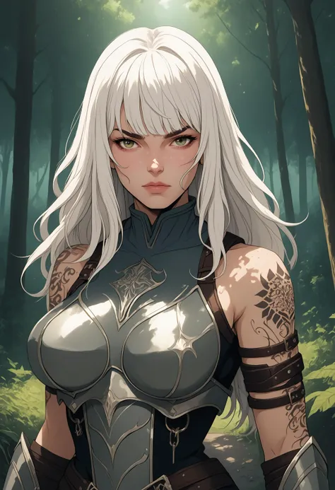 1girl, beautiful, white hair, long hair, bangs, fair skin, big breasts, leather armor, sword, forest, dappled sunlight, upper body, looking at viewer, comic art style, flat color, 2d, cel shading, thick lines, inked,   PonyXLV6_Scores