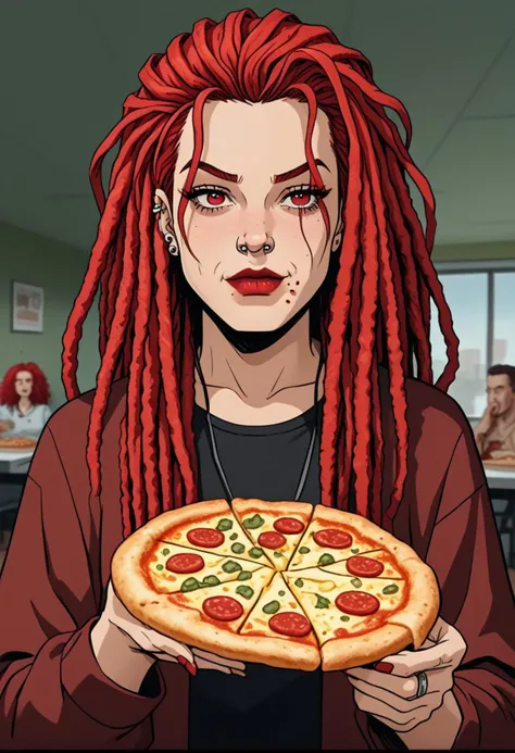hud_dr3adlocks, hud_dr3adlocks, 1girl, piercing, red hair, long hair, dreadlocks, eating pizza, comic art style, flat color, 2d, cel shading, thick lines, inked, PonyXLV6_Scores