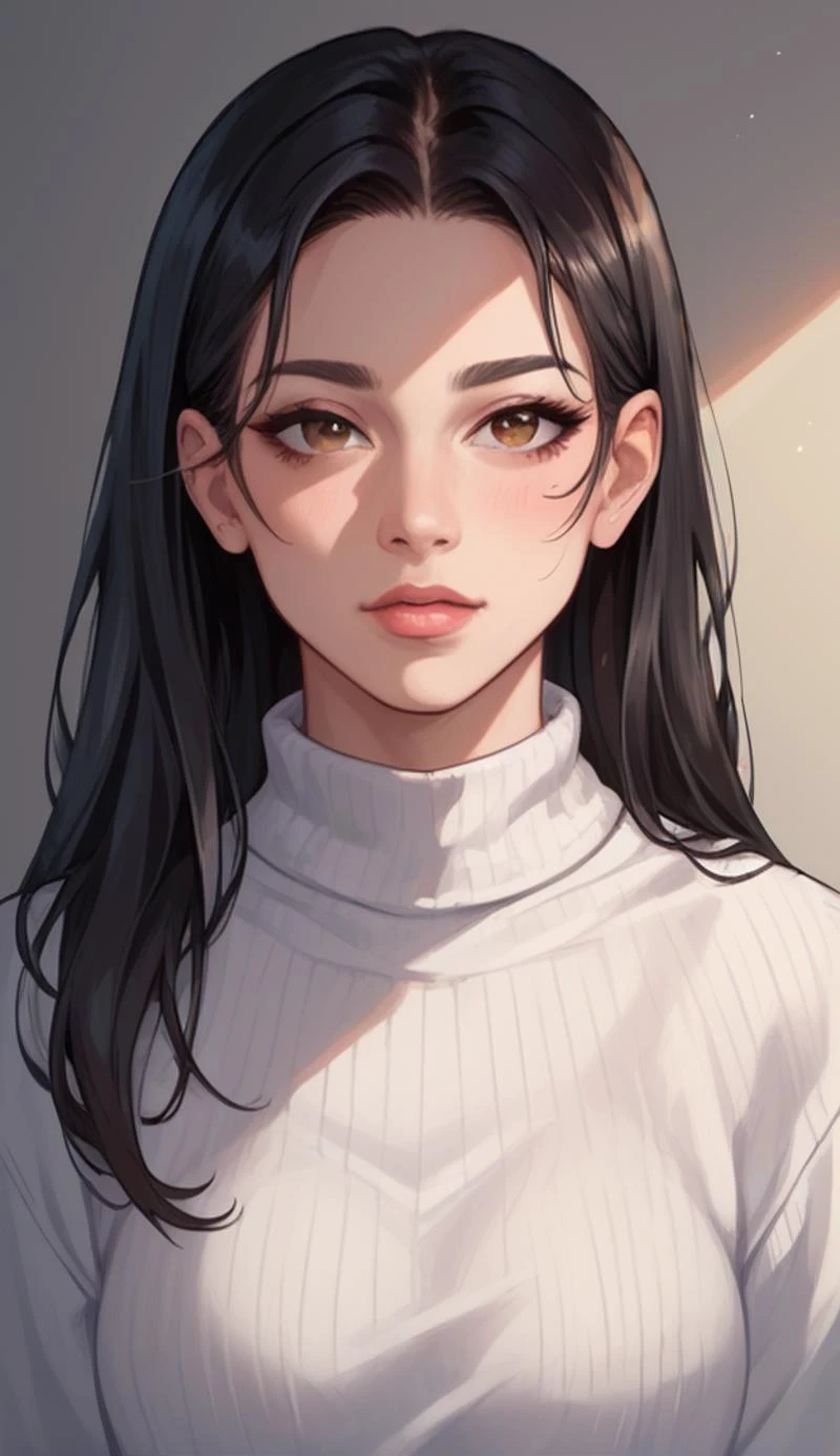 Portrait of A young woman wearing a white sweater, beautiful Chinese features, straight black hair hanging past her shoulders, narrow brown eyes betraying an old soul, zPDXL2 <lora:43stl1ght1ngXLP2:0.5> PnyCmicXLPOS, score_9, score_8_up, score_7_up, BREAK