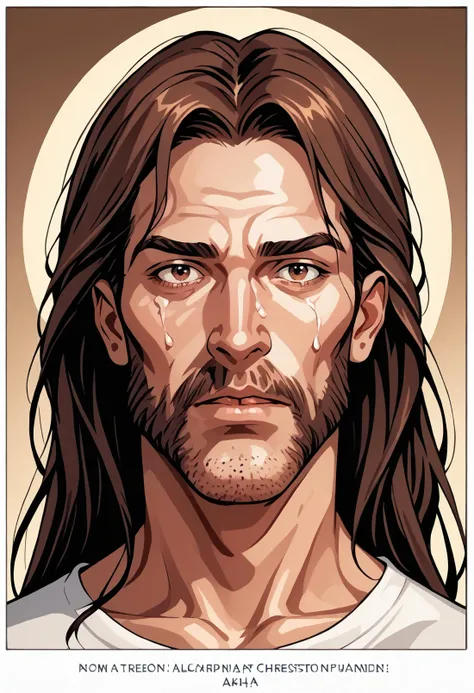 PonyXLV6_Scores Jesus Christ!, 1boy, mature, male focus, beard, stubble, facial hair, long hair, a religious art piece, a portrait of jesus christ the son of dog with a cigar in his mouth crying at your images Aesthetic_PDXL