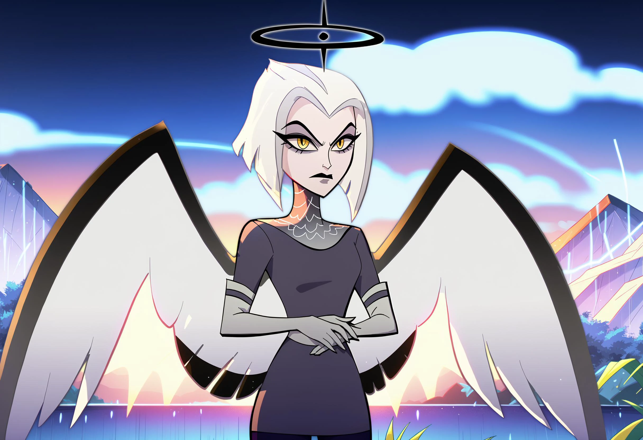 lute, wings, black halo, black lips, yellow eyes, grey dress, chainmail collar, elbow gloves, purple pantyhose, white sash, thigh boots, looking at viewer, arms crossed, smirk, depth of field, zoom out, sidelighting, outdoors, dark sky, thunderstorm, dark, rim lighting, screencap BREAK PonyXLV6_Scores , <lora:lute_hazbin_hotel_ponyxl_v1:1>