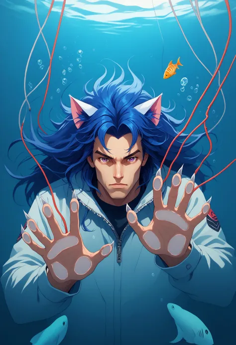 solo, long hair, looking at viewer, blue hair, gloves, 1boy, cat ears, animal ears, purple eyes, claws, underwater, electric wires, fish, ocean vibes, against glass, cinematic angle, soft light, PonyXLV6_Scores