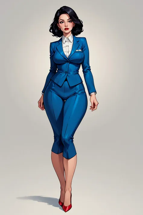 score_9, score_8_up, score_7_up, a mature female, fourty-something, curvy, wide hips, thick thighs, black eyes, sleek straight hair, black hair, business suit, navy blue suit, red stiletto heels, superhero landing, hand on ground