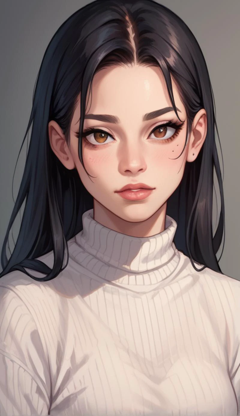 Portrait of A young woman wearing a white sweater, beautiful Chinese features, straight black hair hanging past her shoulders, narrow brown eyes betraying an old soul, zPDXL2 <lora:43stl1ght1ngXLP2:0.5> PnyCmicXLPOS, score_9, score_8_up, score_7_up, BREAK