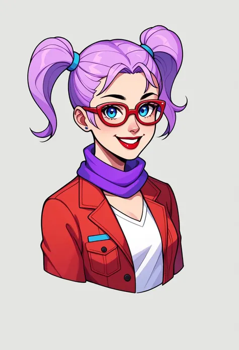 score_9, score_8_up, score_7_up, Casgas, BREAK, 1girl, woman, solo, young, small breasts, beautiful, happy, smile, teeth, blue eyes, red lips, light purple hair, two pigtails, red glasses with black heart shaped lenses, red unbuttoned jacket with two buttons, white T-shirt, purple snood scarf, BREAK hands down, arms down, standing, portrait, medium close up shot, medium closeup shot, medium close-up shot, looking at viewer, BREAK simple background, gray background