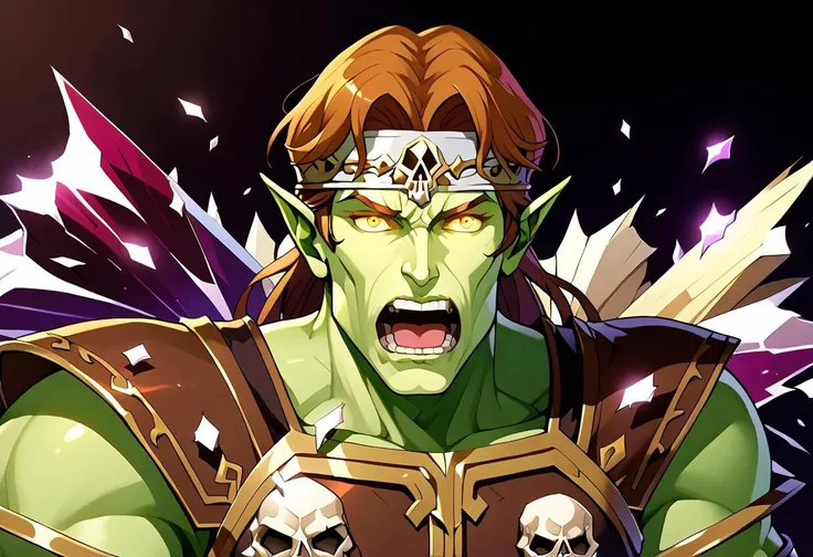 sketch, green skinned simon screaming while surrounded by white shards of glass, simon belmont, score_9, score_8_up, score_7_up, score_6_up, simonbel, jeweled headband, stylized brown breastplate, muscles, (single pauldron with a skull:2), (imageshards:3), portrait, pointy ears, screaming, yellow glowing eyes, green skin, looking at viewer, plain dark background, glowing white sclera eyes, glass shards,