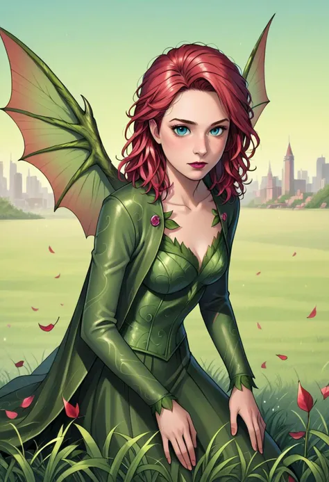 (score_9, score_8_up:1.1), score_7_up,glitter,sparkles,shiny,1girl, pink diamonds, ultra detailed photo shot of a woman (Jia Lissa) dressed as Poison Ivy, with wings made of ((grassy-leaves) ) biophilic design, floral, biopunk, highly detailed, photorealistic, 32k, sunlit, sunlighting, Batman: Arkham Asylum, the last of us, Neil Gaiman, DC Comics, completely covered in a safe for work ((traditionally fashion) )