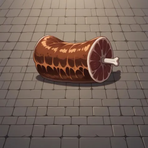 a single boned meat on a castle floor, boned_meat, no humans, castle floor, no people