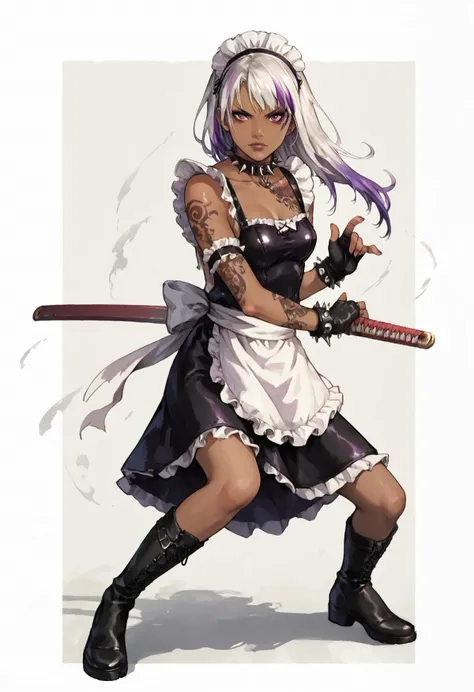 (score_9, score_8_up, score_7_up, detailed, realistic, skin_detail, cinematic). 1girl, maid, spiked_collar, young_woman, small_breasts, maid, fingerless_gloves, leather_boots, shoulder_tattoo, (very_dark_skin), purple_eyes, full_body, white_hair, two-tone_hair, spiked_bracelet, katana, battoujutsu_sword_stance, ready_to_draw.