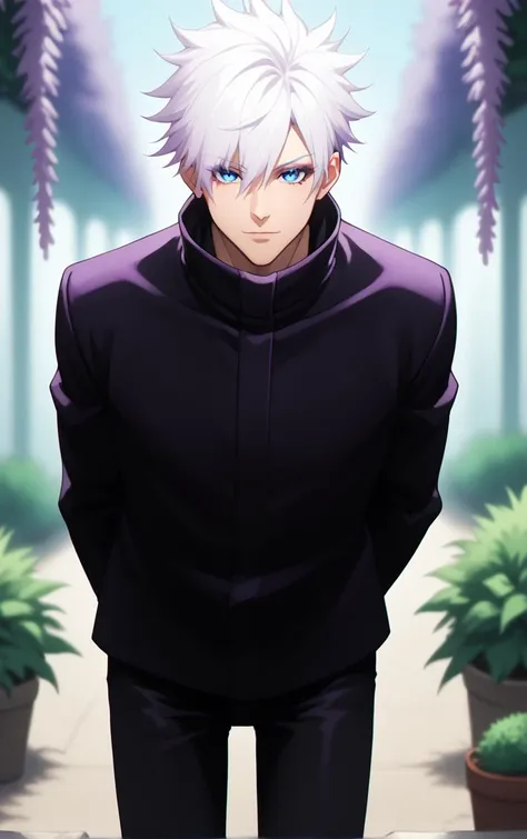 score_9, score_8_up, score_7_up, score_6_up,  solo, looking at viewer, BREAK
NoMaskedWhitehair_GojouSatoru_ownwaifu,
1boy, gojou satoru, male focus, white hair, short hair, bangs, blue eyes, hair between eyes, colored eyelashes, hair over one eye, spiked hair, 
high collar, black jacket, long sleeves, black pants, 
(leaning forward, arms behind back), cowboy shot, garden, wisteria, outdoors, <lora:PONYXL_JujutsuKaisen_GojouSatoru_ownwaifu:0.85> , depth of field 
,