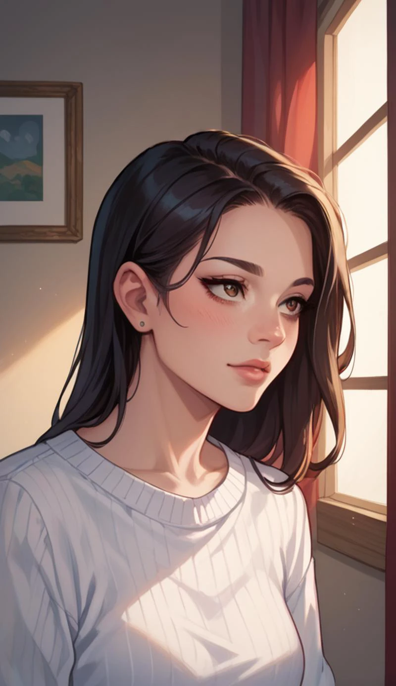 Portrait of A young woman wearing a white sweater, beautiful Chinese features, straight black hair hanging past her shoulders, narrow brown eyes betraying an old soul, zPDXL2 <lora:43stl1ght1ngXLP2:0.5> PnyCmicXLPOS, score_9, score_8_up, score_7_up, BREAK