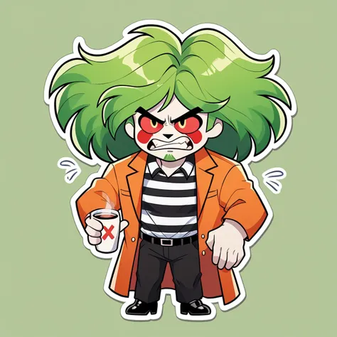 1boy, male focus, solo, angry, frustrated, cup, shirt, holding, disposable cup, green hair, facial hair, striped, holding pants, coat, striped shirt, prison clothes, formal, hazbin hotel, HashbinPnyXL PonyXLV6_Scores, twitch emote, chibi, outline, sticker, <lora:NijiEmotePDXL:1>