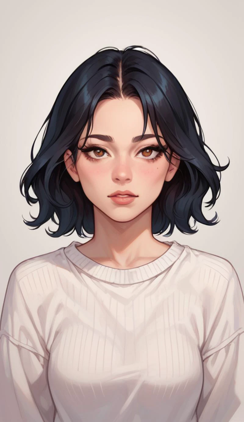 Portrait of A young woman wearing a white sweater, beautiful Chinese features, straight black hair hanging past her shoulders, narrow brown eyes betraying an old soul, zPDXL2 <lora:43stl1ght1ngXLP2:0.5> PnyCmicXLPOS, score_9, score_8_up, score_7_up, BREAK