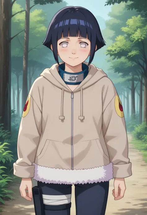 score_9, score_8_up,source_anime,
 <lora:HinaGeninXL:1>,short hair, dark blue hair, no pupils, 1girl, blunt bangs, shiny hair, grey eyes, hoodie, solo, hood down, long sleeves, looking at viewer, blush, fur trim, capri pants,  standing, smile, closed mouth,standing, cowboy shot, bandages, thigh holster,konohagakure symbol, forehead protector, 
outdoors, forest,
anime screencap, anime coloring,