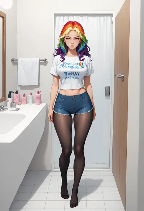 Asian woman, japanese, rainbow hair, thick body, thick, curvy, hip dips, thigh gap, standing straight, in bathroom, bathroom mirror, busty, wearing black tights, wearing a ruffled mini skirt, wearing a denim shorts, white t-shirt, t-shirt, sleeveless shirt, midriff, looking at viewer, full shot, full body view,  PonyXLV6_Scores