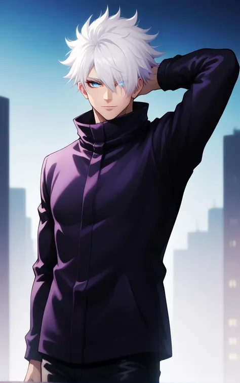 score_9, score_8_up, score_7_up, score_6_up, solo, looking at viewer, BREAK
NoMaskedWhitehair_GojouSatoru_ownwaifu,
1boy, gojou satoru, male focus, white hair, short hair, bangs, blue eyes, hair between eyes, colored eyelashes, hair over one eye, spiked hair,
high collar, black jacket, long sleeves, black pants,
(contrapposto, arms behind head), neon_lights, cityscape, night, pool, outdoors, <lora:PONYXL_JujutsuKaisen_GojouSatoru_ownwaifu:0.9> , depth of field
,