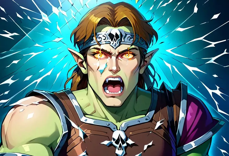 sketch, green skinned simon screaming while surrounded by white shards of glass, simon belmont, score_9, score_8_up, score_7_up, score_6_up, simonbel, jeweled headband, stylized brown breastplate, muscles, (single pauldron with a skull:2), (imageshards:3), portrait, pointy ears, screaming, yellow glowing eyes, green skin, looking at viewer, plain dark background, glowing white sclera eyes, glass shards,