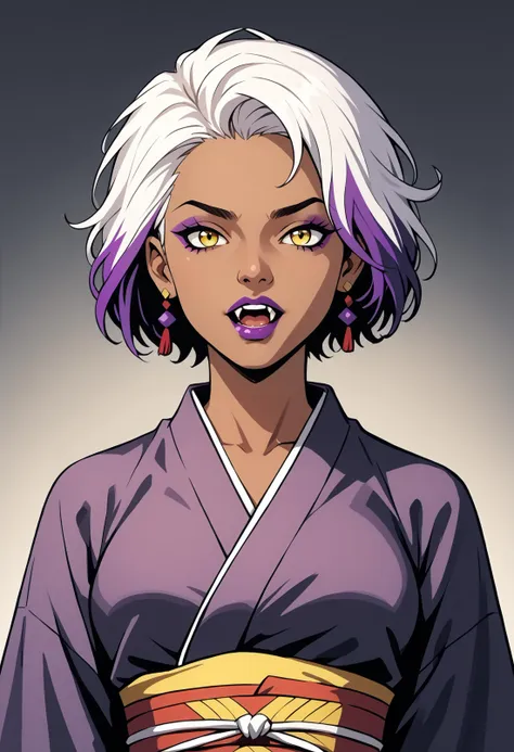 1girl, dark skin, dark-skinned female, earrings, fangs, japanese clothes, jewelry, kimono, lips, lipstick, looking at viewer, makeup, medium breasts, multicolored hair, nose, obi, open mouth, purple hair, purple lips, sash, short hair, solo, teeth, two-tone hair, upper body, white hair, yellow eyes, Aesthetic_PDXL BREAK PonyXLV6_Scores