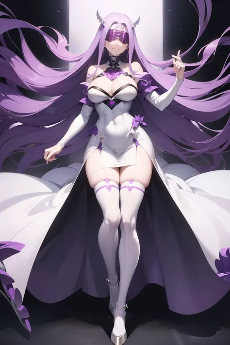 (masterpiece:1.37), best quality, (extremely detailed:1.37) woman, (adult:1.5), (very long hair:1.5), dark purple hair, purple eyes, (extremely detailed eyes:1.37), breasts, (very long dress:1.5), (very tight dress:2.0), white dress, (wetting herself:2.0), standing straight, full body day, daytime, glow, facing viewer, perfect composition, full body, city, street