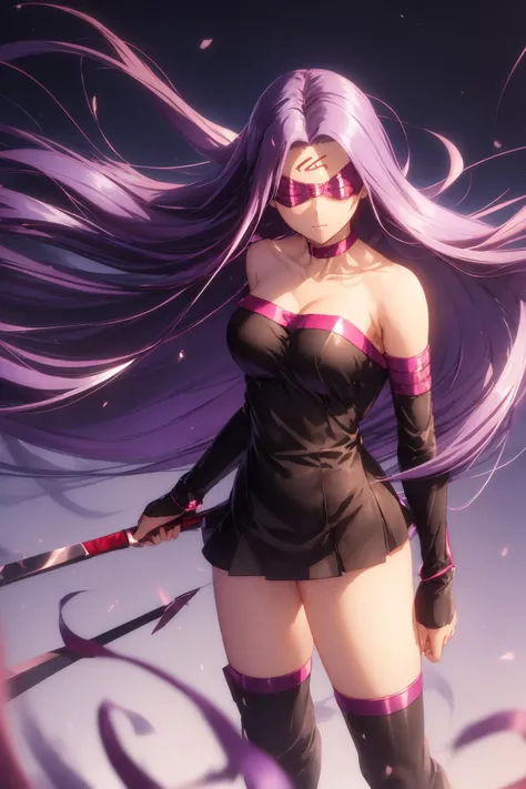 score_9, score_8_up, score_7_up, source_anime, medusarider, medusa rider, long hair, very long hair, purple hair, facial mark, forehead mark, thighhighs, dress, cleavage, bare shoulders, detached sleeves, black dress, collar, strapless, strapless dress, blindfold, outdoors, night, night sky, moon, clouds, looking at viewer, cowboy shot, dutch angle, fighting stance, weapon, chain, knife,