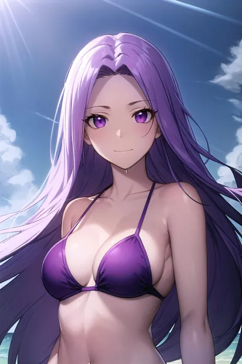 best quality, (masterpiece:1.2), highly detailed, mature,
beach, water, splash, sunrays,
<lora:chara_FateStayNightUBW_Medusa(Rider)_v1:0.6>, medusa, upper body,
1girl, solo, looking at the viewer, closed mouth, slight smile,  
absurdly long hair, purple hair, floating hair, purple eyes, medium breasts,
purple bikini