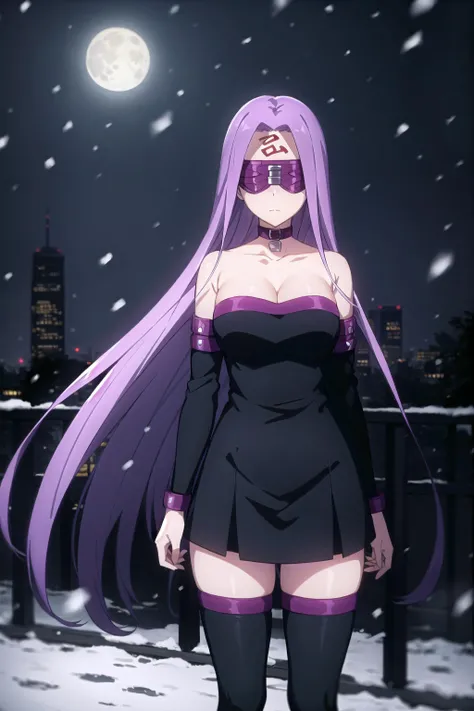 best quality, (masterpiece:1.2), highly detailed,
outdoors, night, cityscape, city, moon, snowing,
<lora:chara_FateStayNightUBW_Medusa(Rider)_v1:0.8>, medusa,
1girl, solo, standing, looking at the viewer, closed mouth,
absurdly long hair, purple hair, floating hair,
dress, short dress, thighhighs, strapless, blindfold, detached sleeves, forehead mark, choker, cleavage