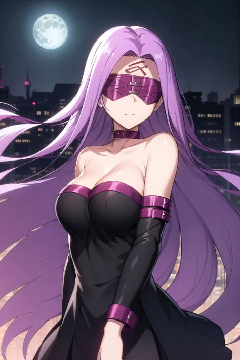 best quality, (masterpiece:1.2), highly detailed,
<lora:chara_FateStayNightUBW_Backgrounds_v1:0.3>, fate/stay background, night, cityscape, city, moon, blue theme,
<lora:chara_FateStayNightUBW_Medusa(Rider)_v1_1:0.8>, medusa_ubw, upper body,
1girl, solo, standing, looking at the viewer, closed mouth,
absurdly long hair, purple hair, floating hair,
dress, short dress, thighhighs, strapless, blindfold, detached sleeves, forehead mark, choker, cleavage